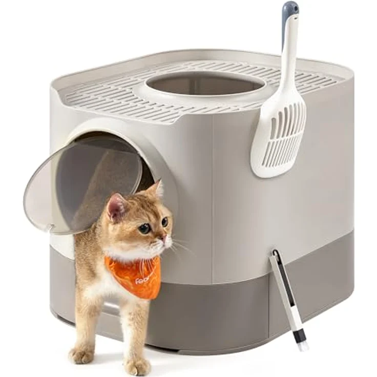 Feandrea Katzenklo XXL, Katzentoilette mit Deckel und ausziehbarem Tablett, haferflockenfarben-warmgrau, für verschiedene Katzengrößen, weniger Schmutz, inklusive Schaufel und Bürste – Bild 1