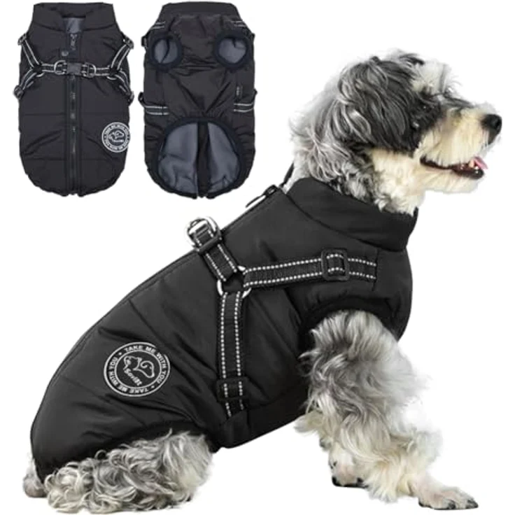 Savlot Hundejacke Wintermantel, wasserdichte Jacke mit Reißverschluss und Brustgurt, schwarz, XS – Bild 1
