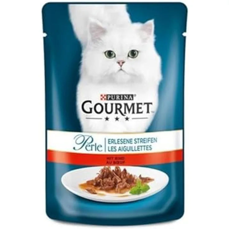 PURINA GOURMET Perle Erlesene Streifen Katzenfutter nass mit Rind, 24er Pack (24 x 85g), ohne künstliche Farbstoffe und Konservierungsstoffe, für ausgewachsene Katzen