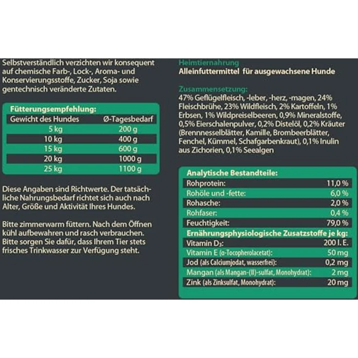 Dehner Wild Nature Hundefutter Auwald, Nassfutter getreidefrei / zuckerfrei für ausgewachsene Hunde, Geflügel / Wild, 6 x 800 g Dose (4.8 kg) – Bild 3