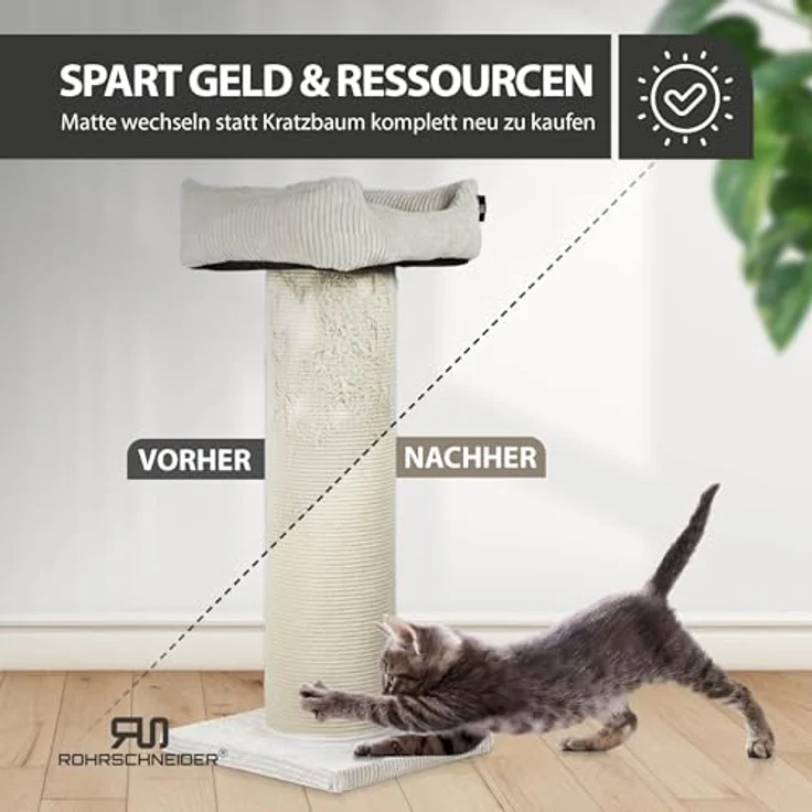 Rohrschneider Kratzbaum Frieda XXL, mit tauschbaren Kratzmatten und waschbarem Cord-Bezug, beige, für große und kleine Katzen, stabile Konstruktion mit extra breiter Säule – Bild 5