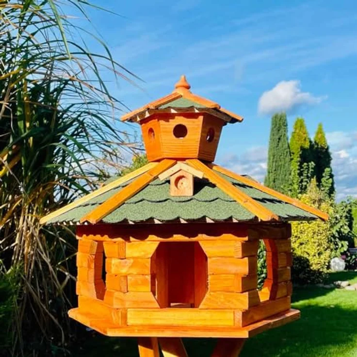 DARLUX handgefertigtes Sechseck Vogelhaus aus Holz, wetterfest, Größe XXL ohne Ständer, Grün - Braun, Futterhaus mit Bitumschindeldach – Bild 3