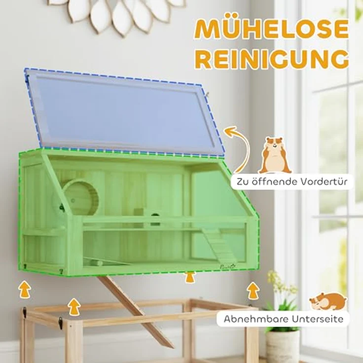 PawHut Hamsterkäfig aus Holz 3 Etagen, 80 x 50 x 76 cm, mit Wippe, Laufrad und tiefem Untergeschoss für Zwerghamster, Naturholz – Bild 5