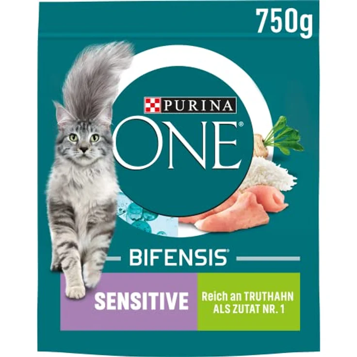 PURINA ONE Sensitive, Katzentrockenfutter reich an Truthahn, 750g Beutel, hohe Verdaulichkeit, ohne Weizen, für gesunde Haut und glänzendes Fell – Bild 1