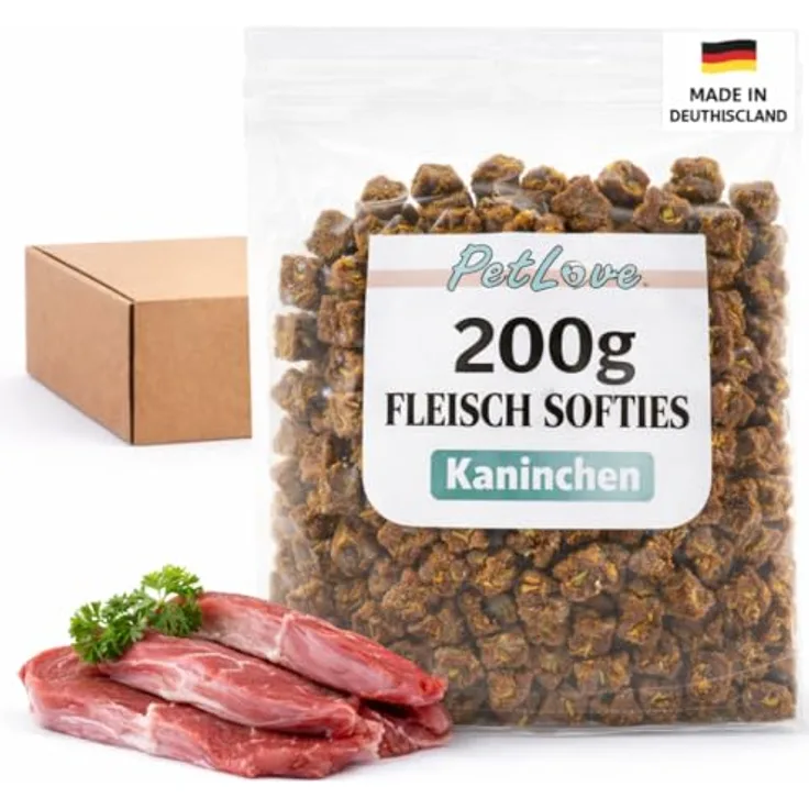 PetLove Fleisch Softies für Hunde, Hundeleckerli ohne Getreide, 63% Fleischgehalt, Kaninchen, 200g