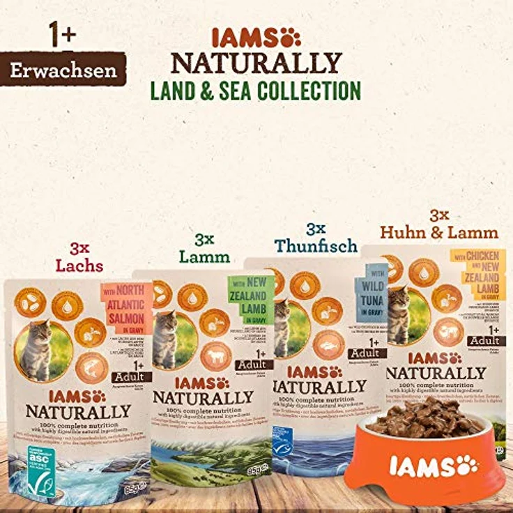 IAMS Naturally Katzenfutter Nass in Sauce, 12 x 85 g, 100% ausgewogenes Futter mit Lachs, Thunfisch, Lamm und Huhn, für erwachsene Katzen – Bild 3