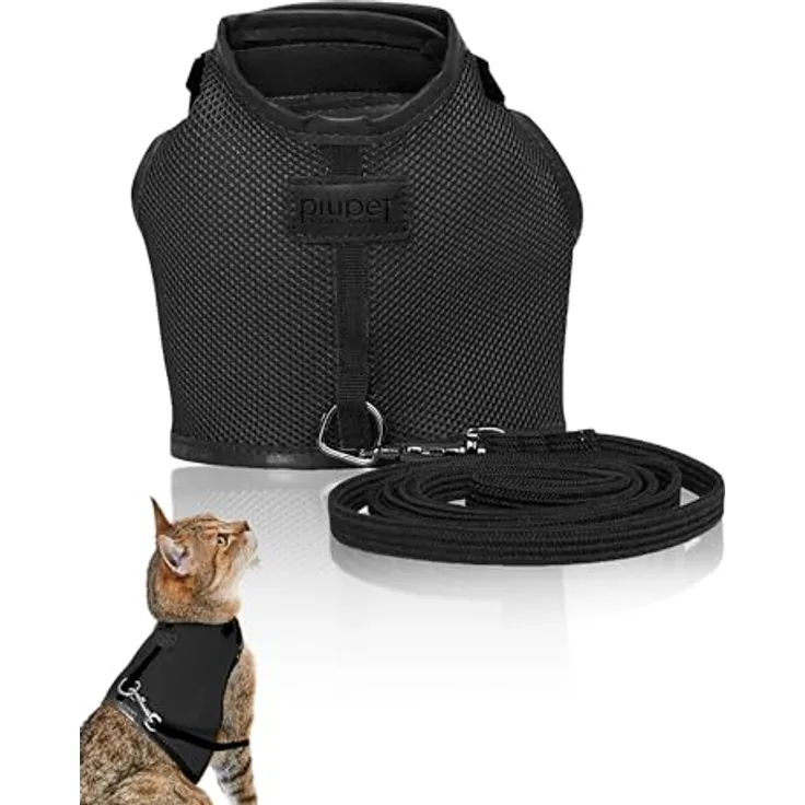 PiuPet® Katzengeschirr (S) mit 1,2m Leine, ausbruchsicher, ergonomisches Design, Schwarz