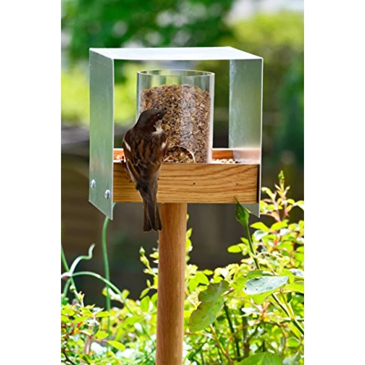 Hochwertiges Design-Vogelhaus ''Industrie-Bauhaus'' mit Futtersilo, Wildvogel-Futterstation inkl. Ständer, 15 x 16 x 16 cm, Eiche – Bild 4