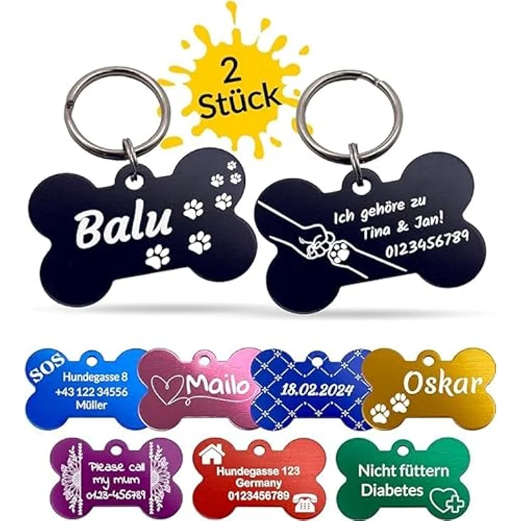 Unikat Branding Hundemarke Personalisiert im Doppelpack, Beidseitig Gravierbar mit Name, Telefonnummer & Adresse, Robuste Aluminiumlegierung, Knochenform – Bild 1