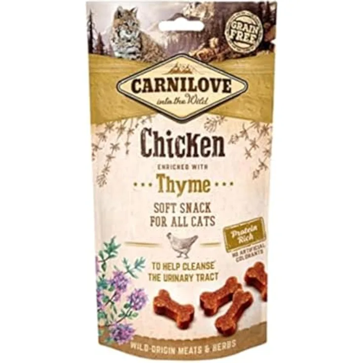 CARNILOVE Semi-Moist Chicken, halbfeuchter Snack für Katzen, angereichert mit Thymian, ohne Kartoffeln oder Müsli, 50 g