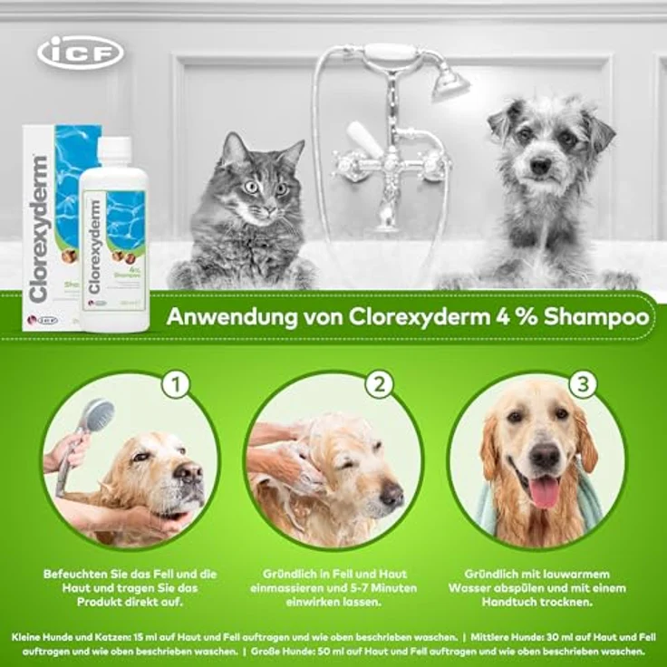 ICF Clorexyderm 4% Shampoo für Hunde, Katzen & Pferde | Tiefenreinigung, Hautfeuchtigkeit & Pflege | Sanfte Formel für alle Rassen, 200ml – Bild 3