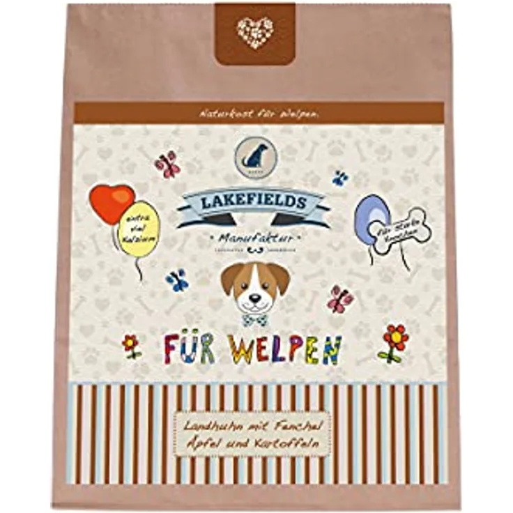 Lakefields Premium Trockenfleisch Menü Welpen, Landhuhn mit Fenchel, Äpfeln und Kartoffeln, 2 x 2.5 Kg - hypoallergen, 100% getreidefrei, naturbelassen