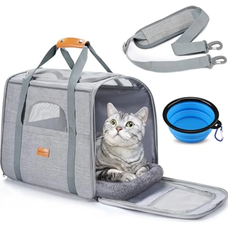 Morpilot Katzentransportbox, Transportbox 43.5x28x35cm, hellgrau, mit atmungsaktivem Netzgewebe und abnehmbarem Kissen – Bild 1