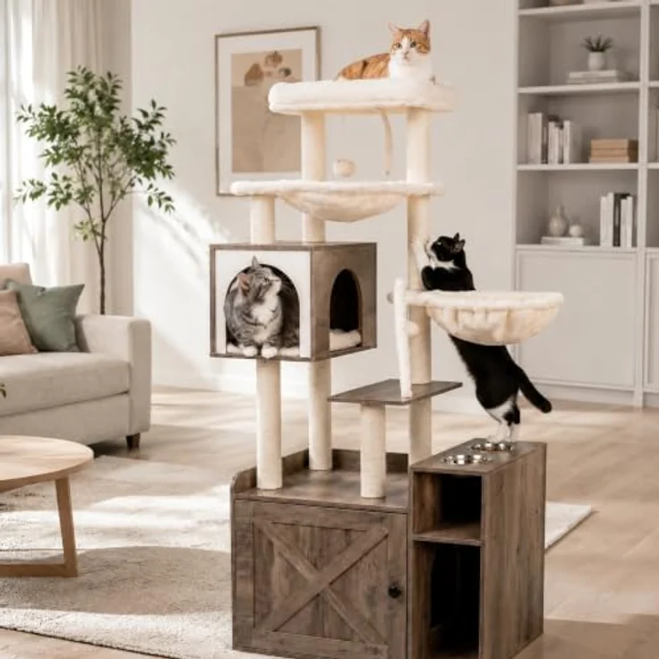 Relaxdays Kratzbaum Katzenkloschrank mit Magnettür, Sisal & Höhle, Holzoptik-Weiß, inkl. 2 Näpfen und Plüschball – Bild 2