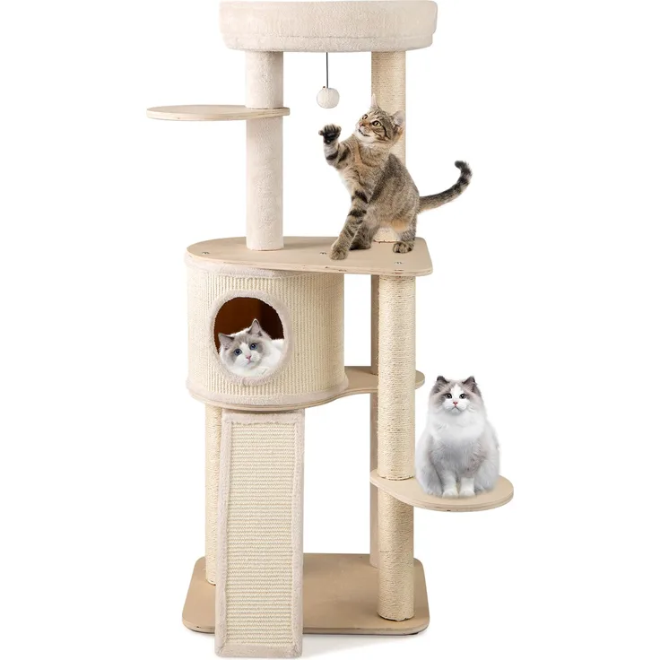 COSTWAY 143cm Kratzbaum Holz, Katzenbaum mit Kratztonne, 6 Ebenen, Sisal-Kratzsäulen, stabiler Sperrholzrahmen, natur
