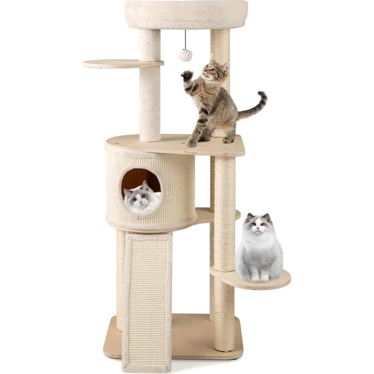COSTWAY 143cm Kratzbaum Holz, Katzenbaum mit Kratztonne, 6 Ebenen, Sisal-Kratzsäulen, stabiler Sperrholzrahmen, natur