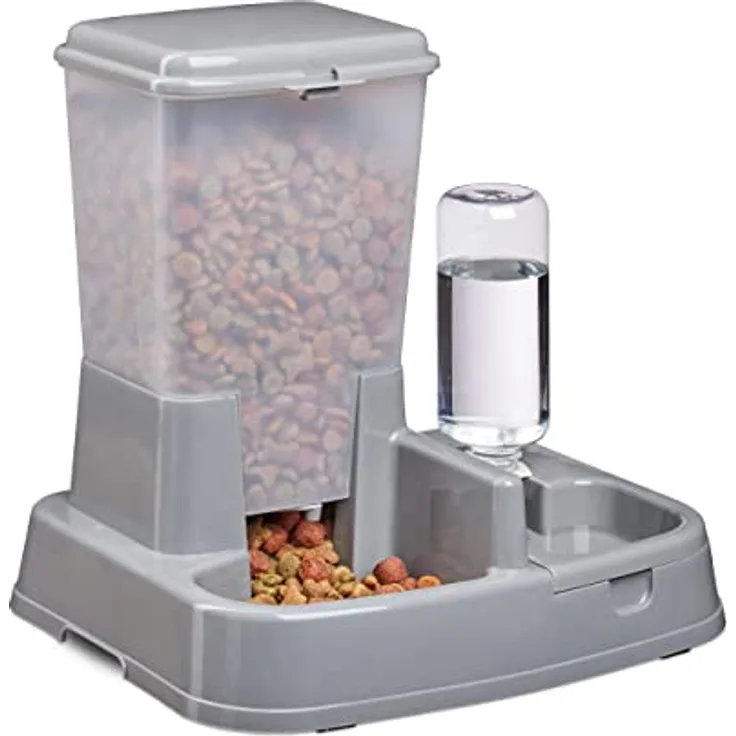 Relaxdays Futterautomat & Wasserspender für Hunde & Katzen, 2in1, Kunststoff, 4 l, dunkelgrau, HBT 34x34,5x27,5 cm