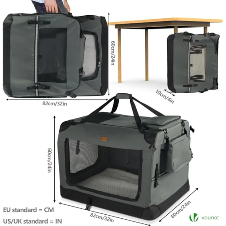 VOUNOT Faltbare Hundebox, Transportbox für Katzen und Hunde, Atmungsaktiv, Oxford-Gewebe, Metallrahmen, 82x60x60cm XL, Grau – Bild 4