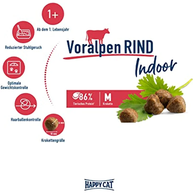Happy Cat Indoor Adult Voralpen Rind, Katzen-Trockenfutter für ausgewachsene Katzen, 4 kg, leicht verdaulich, hohe Proteinqualität, ohne künstliche Zusatzstoffe – Bild 2