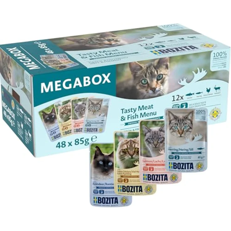 Bozita Katze Pouch Häppchen in Sauce Megabox, 48x85g, getreidefreies Nassfutter in 4 Geschmacksrichtungen (Lachs, Hering, Huhn, Rentier) mit 100 % tierischem Eiweiß – Bild 1
