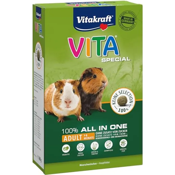 Vitakraft Vita Special Adult, Hauptfutter für Meerschweinchen mit Kräutern und Gräsern, geringer Calciumgehalt, ohne Zucker und Getreide, 600g