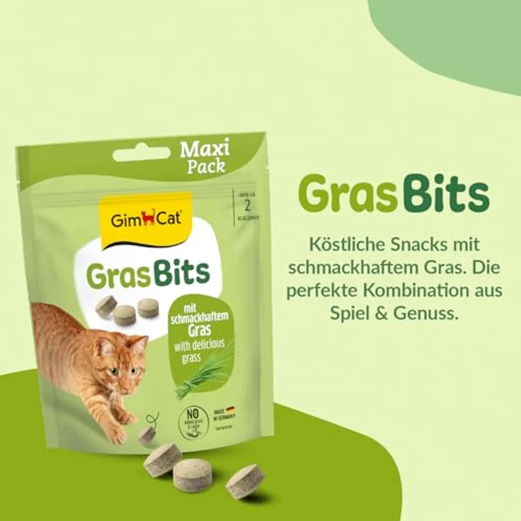 GimCat Gras Bits, Getreidefreier und vitaminreicher Katzensnack mit echtem Gras, 6er Pack (6 x 140 g) – Bild 2