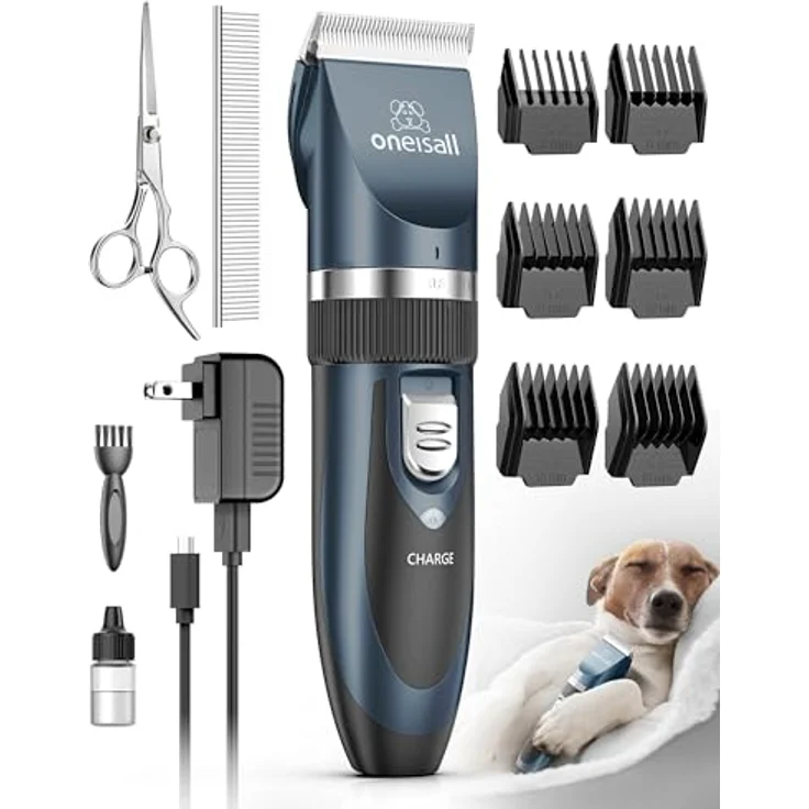 oneisall P2 Hundeschermaschine, kabellose Tierhaarschneidemaschine mit leisen 50dB, inkl. 6 Aufsätzen und abwaschbarem Messer (Blau) – Bild 1