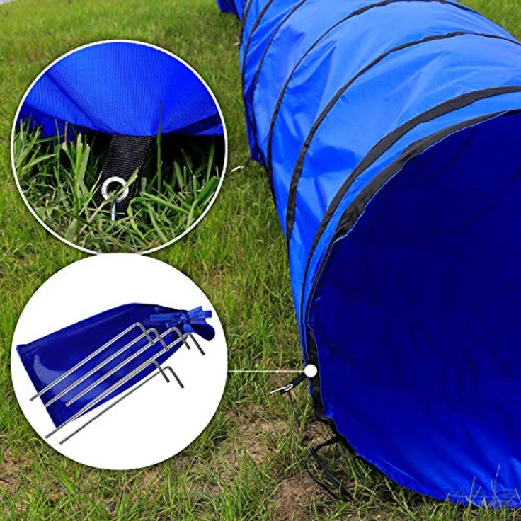 lionto Outdoor Tunnel, faltbarer Agility Tunnel für große & kleine Hunde, 300x50 cm, reißfestes Material mit Heringen, praktische Tragetasche, blau – Bild 4
