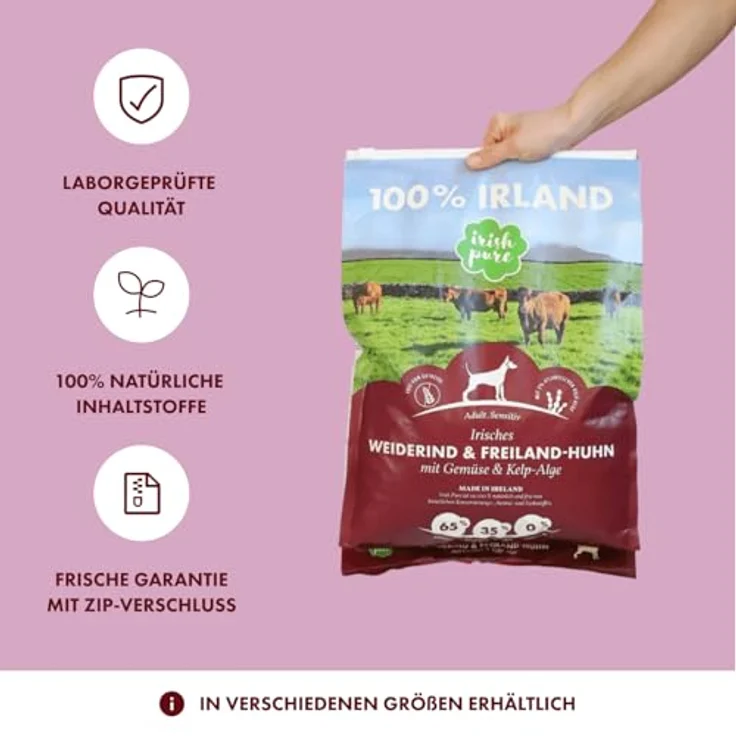 Irish Pure Trockenfutter Adult, 4kg, Weiderind & Freiland-Huhn mit Kelp-Alge, hoher Fleischanteil, getreidefrei, sensitiv, für alle Rassen – Bild 5