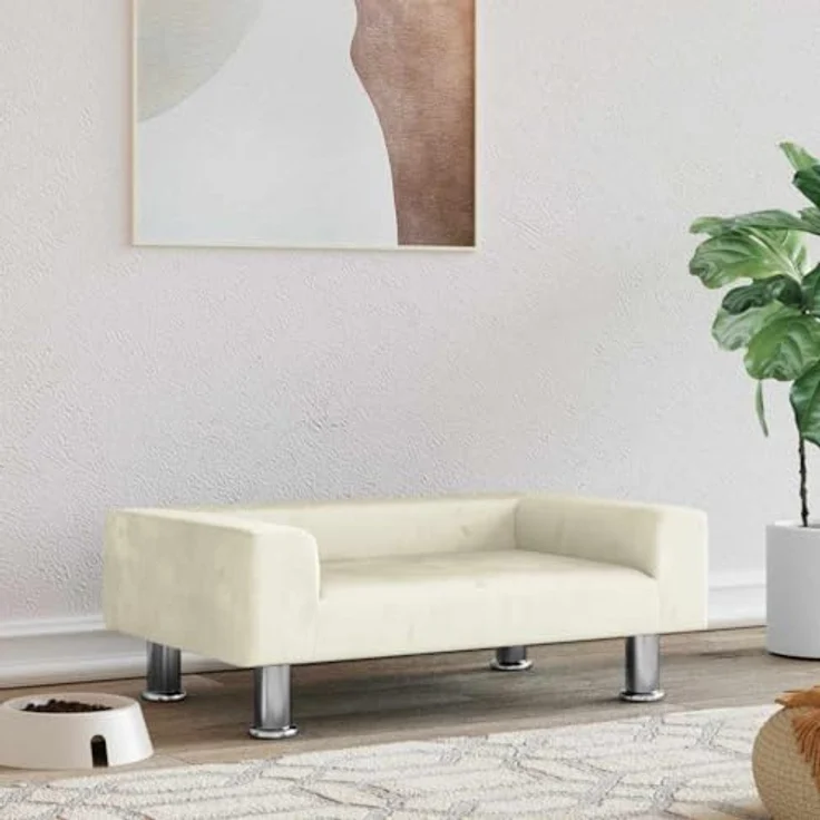 vidaXL Hundekorb Hundebett Creme 70x45x26,5 cm Samt Körbchen Hundesofa mit massivem Kiefernholzrahmen und verchromten Stahlfüßen – Bild 2
