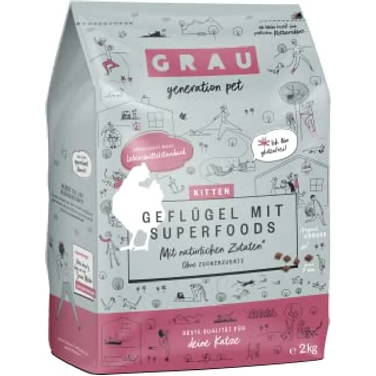 GRAU – das Original – Trockenfutter für Katzen – Kitten – Geflügel mit Superfoods, glutenfrei, 2 kg