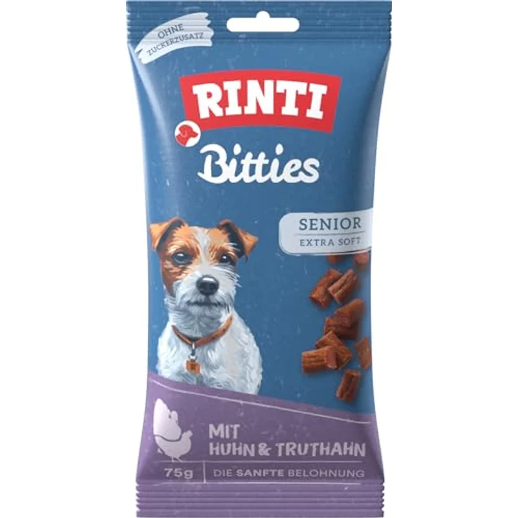 Rinti Extra Bitties Senior Huhn & Truthahn, Hunde-Trockenfutter mit viel frischem Fleisch, 75g, extra weich, ohne Zucker