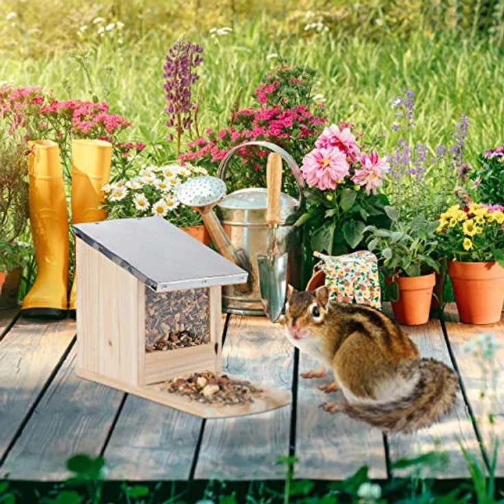 Relaxdays - Eichhörnchen Futterhaus, Futterstelle aus Holz, wetterfestes Metalldach, Eichhörnchen Kobel zum Stellen, natur – Bild 3