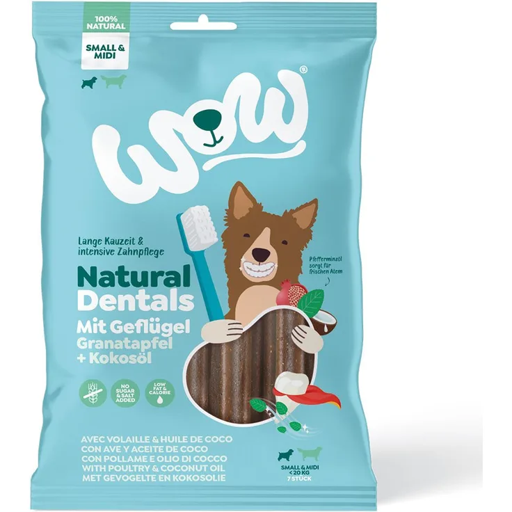 WOW! Dog Natural Dentals Geflügel MIDI Zahnpflegesnacks für Welpen und kleine bis mittelgroße Hunde, 180g