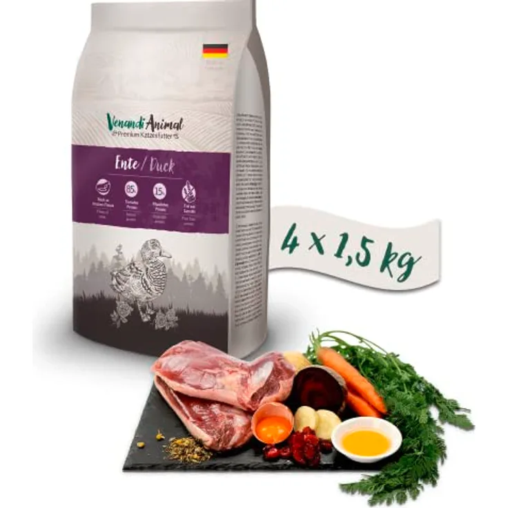 Venandi Animal Premium Trockenfutter für Katzen, Ente, getreidefrei, 4x1,5 kg, MADE IN GERMANY, hoher Fleischanteil