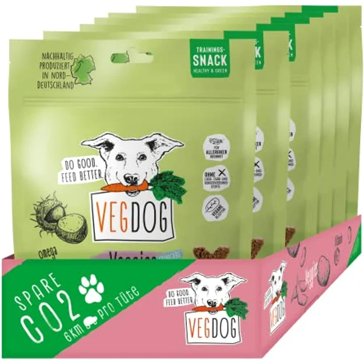 VEGDOG Veggies Skincare, hypoallergener Hundesnack (10 x 125 g) | veganer Trainingssnack für glänzendes Fell und gesunde Haut mit Kastanie und Hanf, getreidefrei und ohne Zuckerzusatz – Bild 1