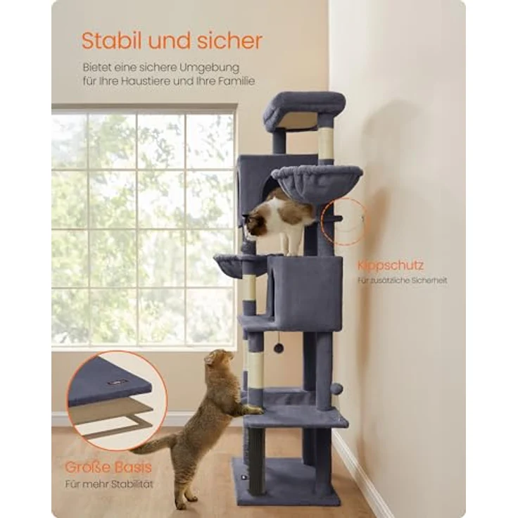 Feandrea Kratzbaum groß, 190,7 cm hoch, XXL, mehrstöckiger Katzenbaum mit 2 Höhlen, 2 Liegemulden, 5 Kratzsäulen, Katzenbürste, große Plattform, dunkelgrau – Bild 8