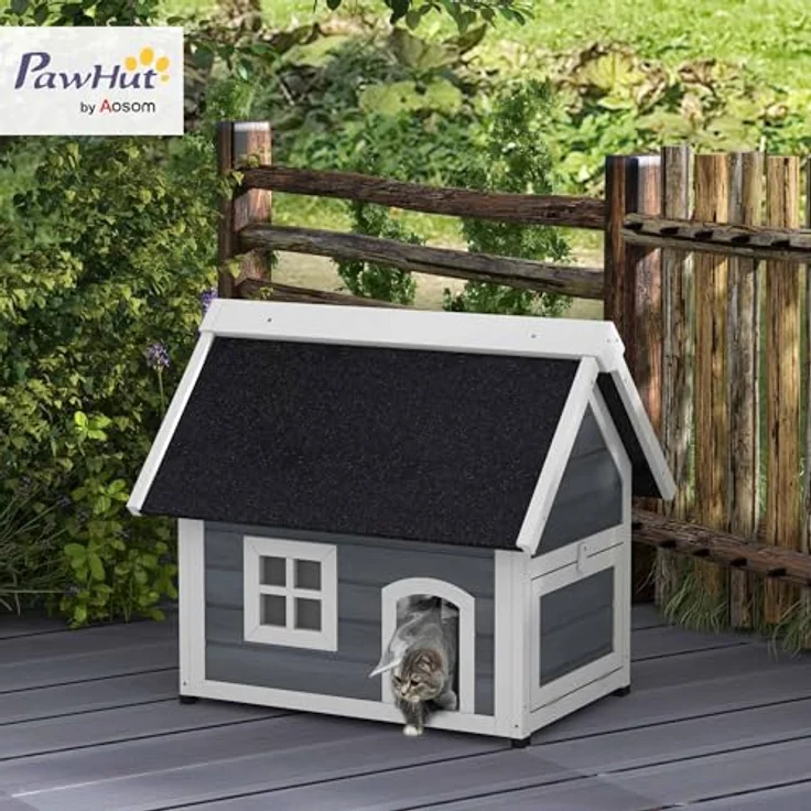 PawHut Katzenhaus aus Holz, wetterfestes Katzenhaus mit aufklappbarem Asphaltdach, 3 Türen und Fenster, für Katzen bis 5 kg, 77 x 57,5 x 68 cm, grau – Bild 2
