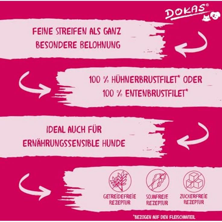 DOKAS Getreidefreier Premium Snack in Streifen, 100% Hühnerbrustfilet, fettarm, 8x 250 g – Bild 5