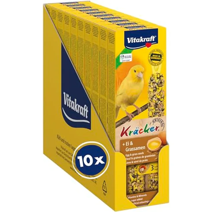 Vitakraft Kräcker für Kanarienvögel, Knabberstangen mit Ei und Grassamen, angereichert mit Vitaminen und Mineralien, 10x 54g, ohne Zuckerzusatz