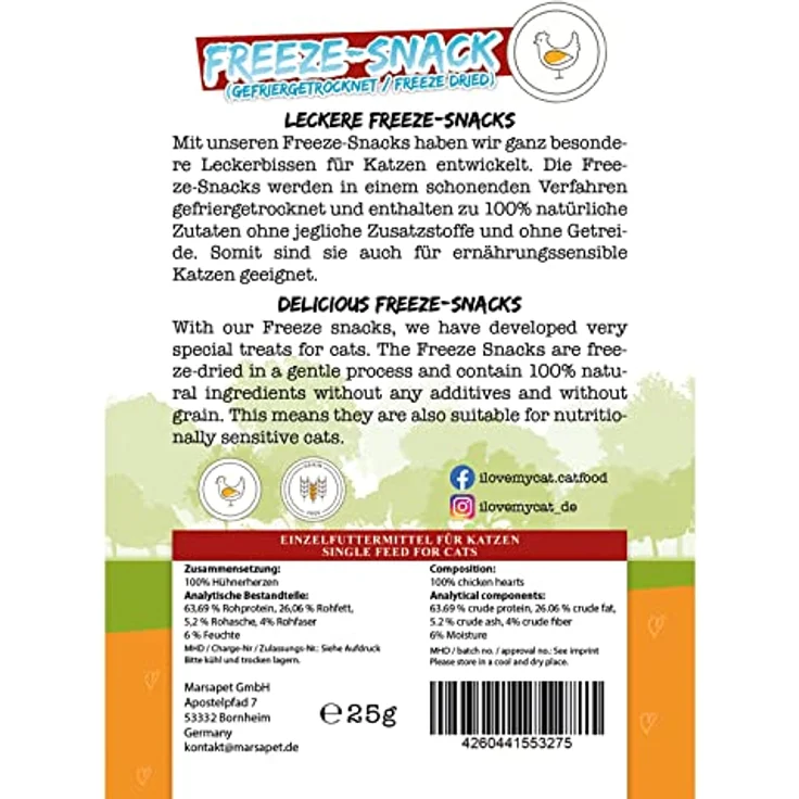 I Love My Cat Freeze-Snacks mit Hühnerherzen, gefriergetrocknet, kohlenhydratarm, ohne künstliche Zusatzstoffe, 25 g – Bild 3