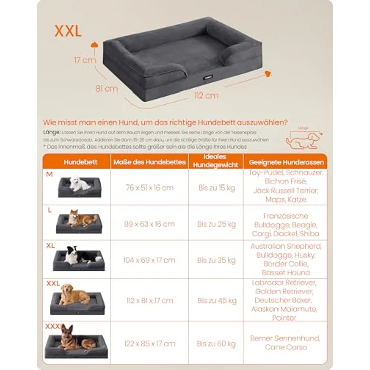 Feandrea Orthopädisches Hundebett XXL, erhöhter U-förmiger Rand aus Noppenschaumstoff, abnehmbarer und waschbarer Bezug, rutschfest, wasserabweisendes Innenfutter, schiefergrau, 112 x 81 x 17 cm PGW324GN01 – Bild 5