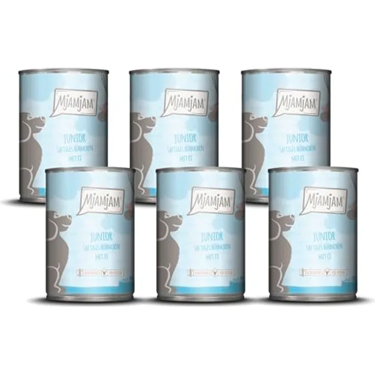 MjAMjAM Premium Nassfutter für Hunde Junior, saftiges Hühnchen mit Ei, 6er Pack (6 x 400 g), getreidefrei, hoher Fleischanteil, naturbelassen