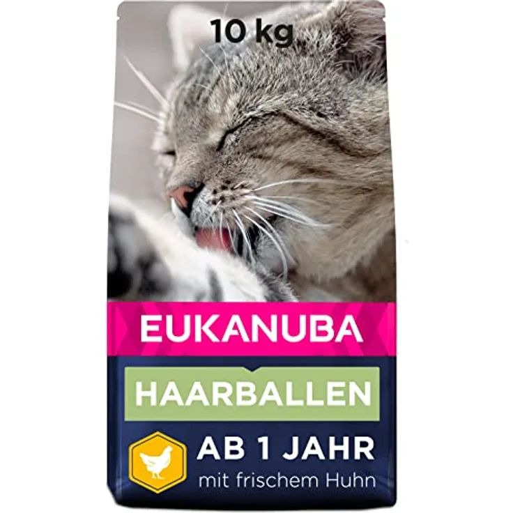 Eukanuba Anti-Haarballen Katzenfutter, 10 kg Trockenfutter mit frischem Huhn zur Reduzierung von Haarballen, für gesunde Haut und glänzendes Fell