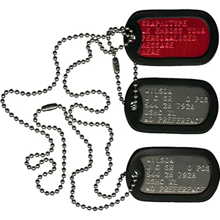 Graphotype™ US Army Medic Alert Triple Tag Set, 2x Edelstahl und 1x rotes Aluminium, personalisierbar, inklusive Silikon Schalldämpfer und Ketten