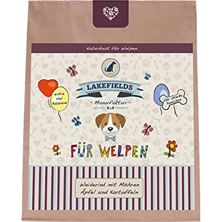 Lakefields Premium Trockenfleisch Menü Welpen Weiderind mit Zucchini, Äpfeln und Karotten, hypoallergen, 100% getreidefrei, 2 x 2.5 Kg