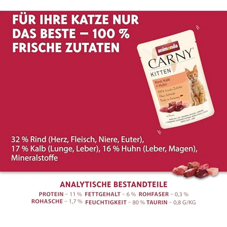 animonda Carny Kitten Rind, Kalb + Huhn, Katzen-Nassfutter ohne Getreide für wachsende Kätzchen, 12 Portionsbeutel (12 x 85 g) mit 100 % frischen Zutaten – Bild 3