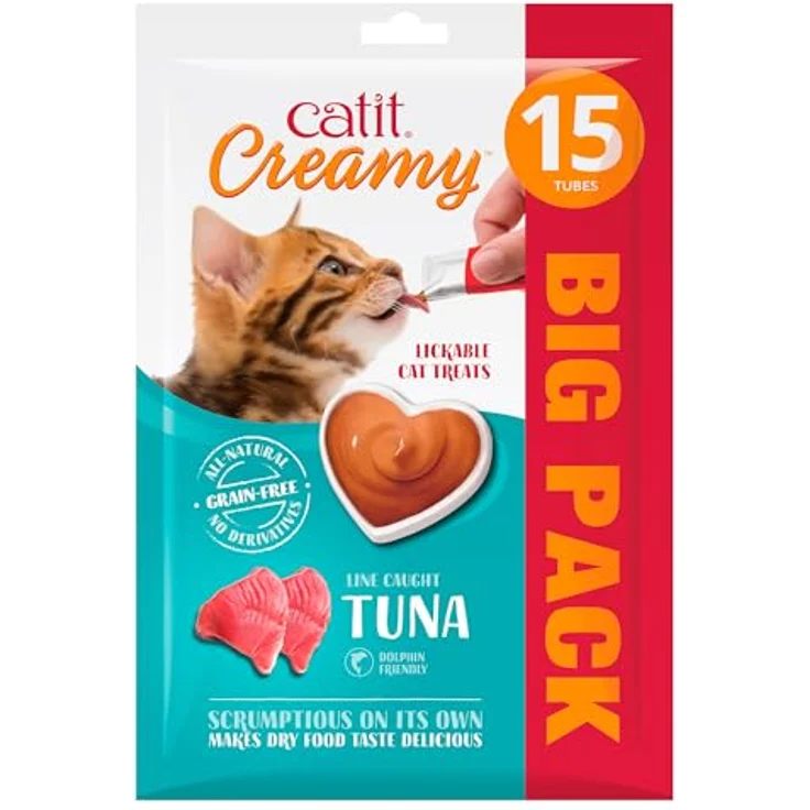 Catit Creamy, flüssigkeitsspendende Leckpaste für Katzen mit Thunfisch, 15 x 10g, reich an Eiweiß und Aminosäuren – Bild 1