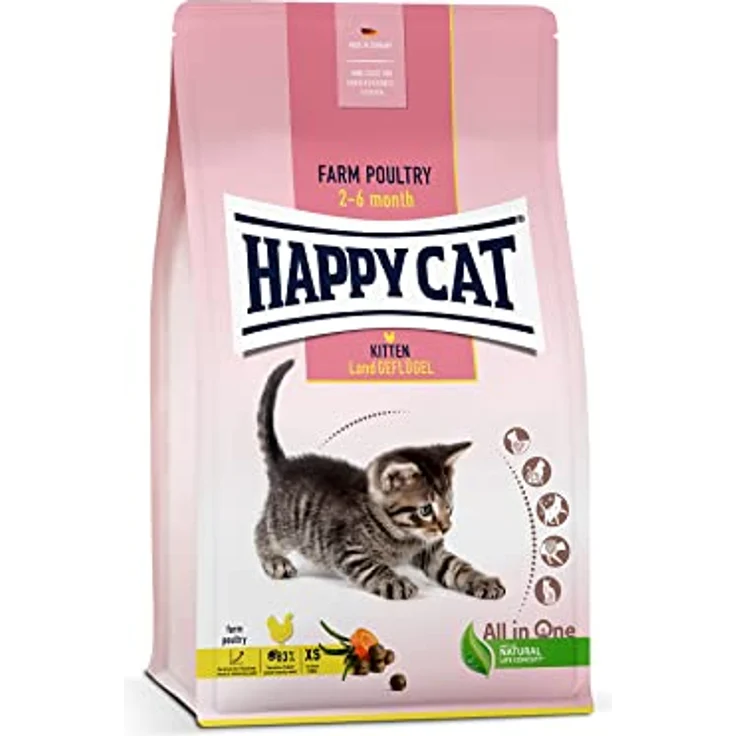 Happy Cat 70534 Young Kitten Land Geflügel, Katzen-Trockenfutter für Katzen-Babys ab der 5. Lebenswoche, 300 g, ohne künstliche Zusatzstoffe, hochverdauliche Rezeptur – Bild 1