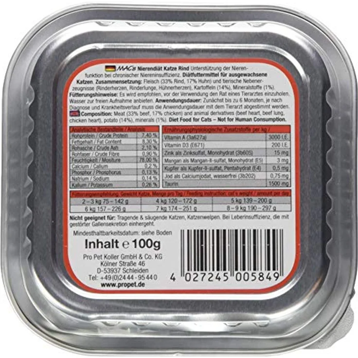 MAC's Vetcare Cat Vetcare Rind Nierendiät, Diätfuttermittel zur Unterstützung der Nierenfunktion, 16x100g – Bild 3